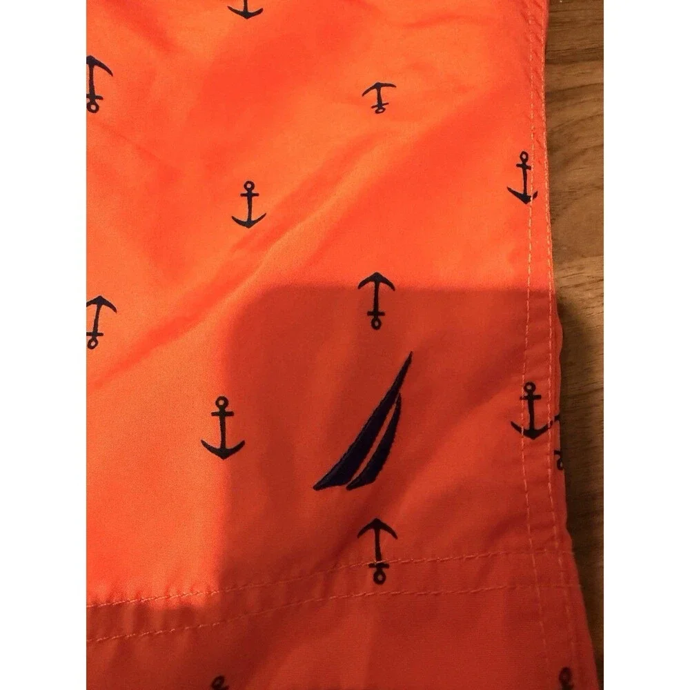 Nautica Men’s Anchor Print Swim Trunks Orange/Navy L Drawstring Lined Pockets